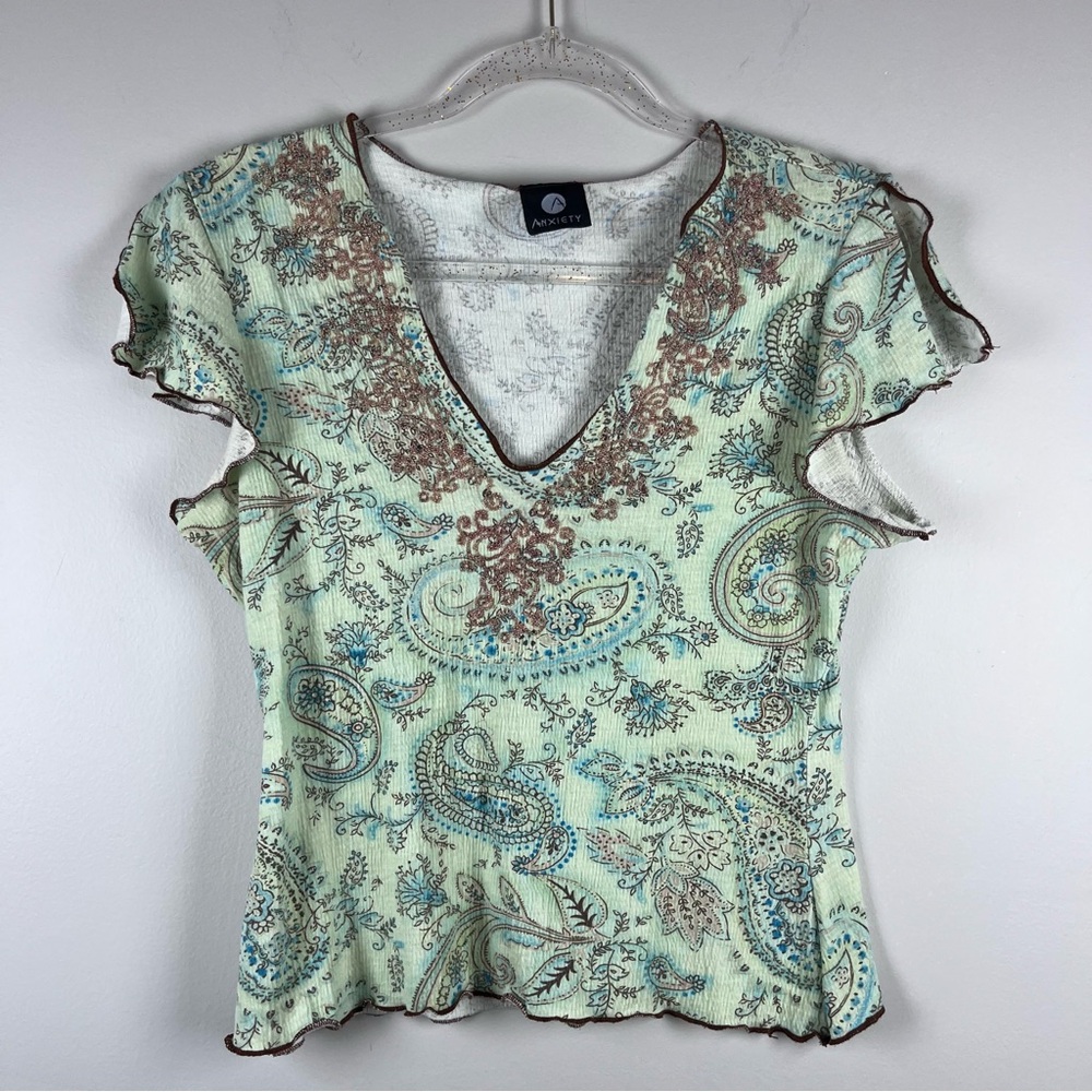 VINTAGE ANXIETY Babydoll Beaded Blouse Green Paisley Y2K Fairy Cottage Medium